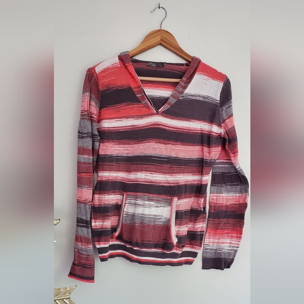 PrAna Pink White Gray Stripped Relaxed Long Sleeve Pull Over With Hood Size Larg